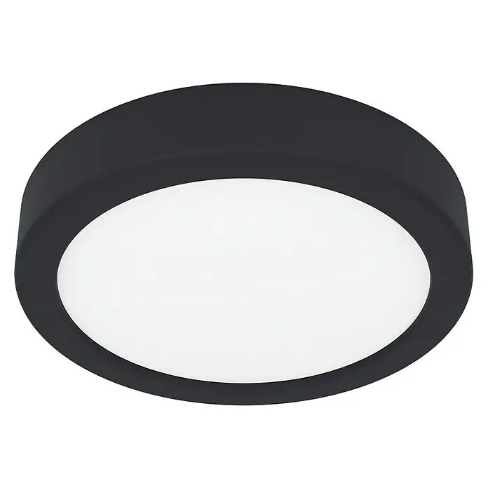 Eglo Fueva 6 Downlight LED empotrable - 7,5 W, Ø x Al: 16,5 x 2 cm, Negro, Blanco cálido - Primer plano de una lámpara de techo redonda con marco negro y difusor blanco, que muestra un diseño moderno y minimalista.