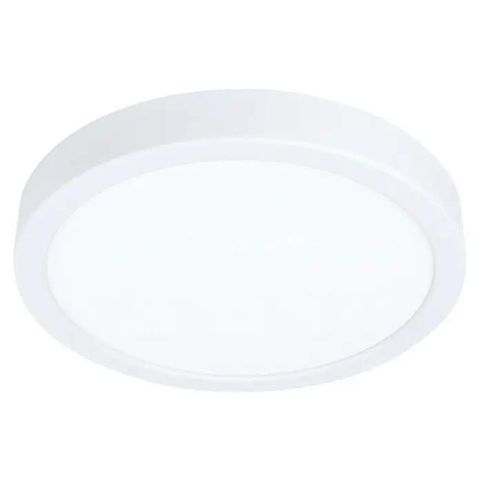 Eglo Fueva 6 Downlight empotrable LED redondo - 11,5 W, Ø x Al: 21 x 2 cm, Blanco, Blanco cálido - Primer plano de una lámpara de techo LED redonda y blanca con un diseño sencillo y moderno sobre un fondo negro.