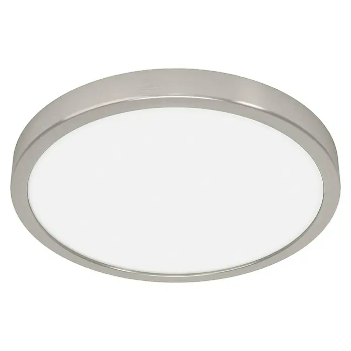 Eglo Fueva 6 Downlight empotrable LED redondo - 14,2 W, Ø x Al: 28 x 2 cm, Níquel, Blanco cálido - Primer plano de una lámpara de techo LED redonda con acabado de níquel cepillado y cubierta blanca que emite una iluminación brillante y uniforme.