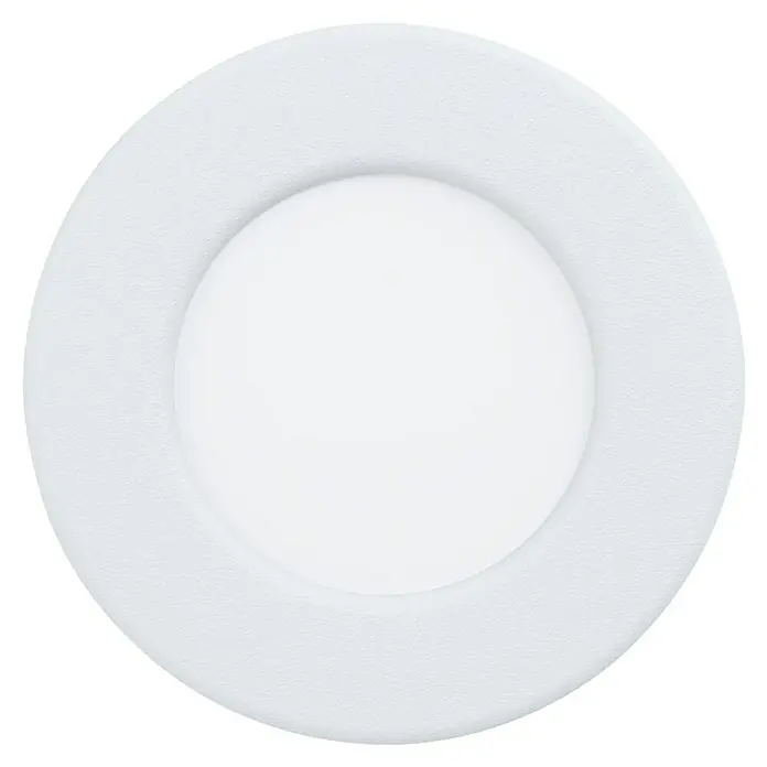 Eglo Fueva 6 Downlight empotrable LED redondo - 3,5 W, Ø x Al: 8,6 x 3,1 cm, Blanco, 2.700 K - 6.500 K, IP20 - Primer plano de una lámpara de techo LED redonda y blanca con acabado mate y diseño concéntrico.