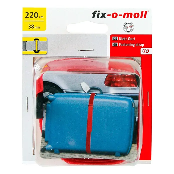Fix-o-moll Klettgurt Maxi XL - 220 cm x 38 mm, Rot - Produktverpackung eines Fix-o-Moll Klett-Gurtes (220cm lang, 38mm breit) zum sicheren Befestigen von Gepäck oder anderen Gegenständen.