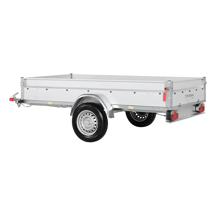 Stema Anhänger BASIC STL 750-25 - Nutzlast: 573 kg, Einachser, Kasteninnenmaß: 251 x 128 x 35 cm, Ungebremst - Ein silberfarbener Stema Anhänger mit zwei Rädern und einer flachen Ladefläche, ideal für Transporte aller Art.