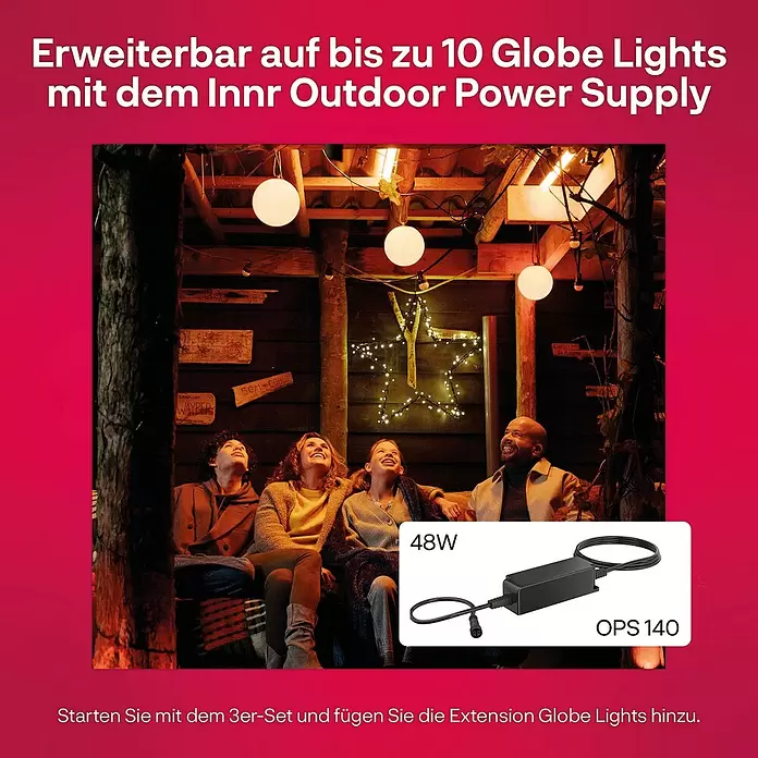 Innr Lighting LED-Außenleuchte Smart Globe Light Colour Erweiterung - 4,6 W, IP65, 1 Stk. - Outdoor-Netzteil (48W, OPS 140) und Kugelleuchten beleuchten eine gemütliche Zusammenkunft im Freien. Erweiterbar auf bis zu 10 Leuchten.