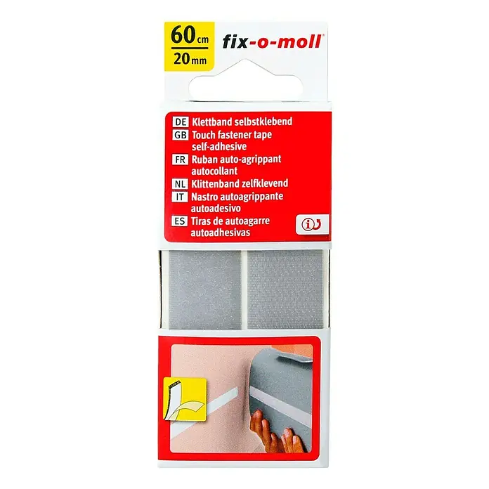 Fix-o-moll Klettband - 60 cm x 20 mm, Hellgrau, Kleben - Das selbstklebende Fix-o-moll Klettband mit einer Länge von 60 cm und einer Breite von 20 mm ist ideal für vielseitige Befestigungen.