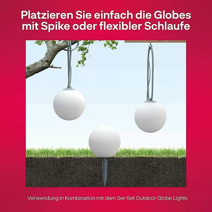 Innr Lighting LED-Außenleuchte Smart Globe Light Colour Erweiterung - 4,6 W, IP65, 1 Stk. - Weiße Outdoor-Kugelleuchten: Eine mit Erdspieß, zwei hängend mit flexiblen Schlaufen von Ast/Balken für vielseitige Platzierung.