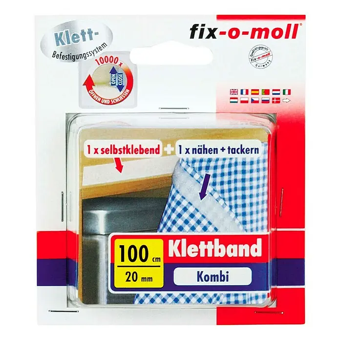 Fix-o-moll Klettband zum Nähen - 100 cm x 20 mm, Weiß - Packung Fix-o-moll Klettband Kombi, 100cm x 20mm, selbstklebend und zum Nähen/Tackern – vielseitige Befestigungslösung für verschiedene Anwendungen.