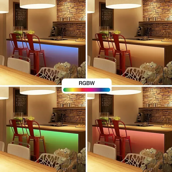Innr Lighting LED-Band Smart Flex Colour mit LED-Driver - Länge: 4 m, Lichtfarbe: RGBW, 24 W, 1.000 lm - 2.000 lm, 220 V - 240 V - RGBW LED-Streifenbeleuchtung erhellt eine Küchenzeile mit wechselnden Farben wie Blau, Orange, Grün und Rot.