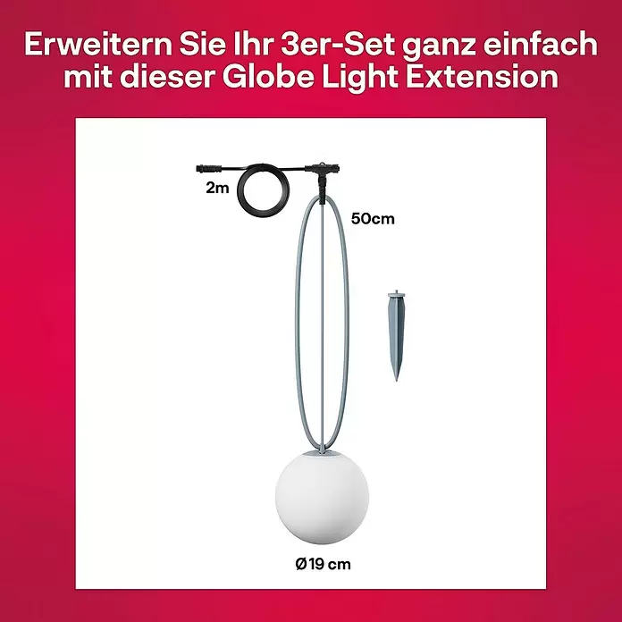 Innr Lighting LED-Außenleuchte Smart Globe Light Colour Erweiterung - 4,6 W, IP65, 1 Stk. - Weiße Kugelleuchten-Erweiterung mit grauem Erdspieß und schwarzen Kabeln. Kugel Ø19cm, Spieß 50cm, Kabel 2m.