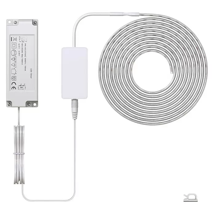 Innr Lighting LED-Band Smart Flex Colour mit LED-Driver - Länge: 4 m, Lichtfarbe: RGBW, 24 W, 1.000 lm - 2.000 lm, 220 V - 240 V - Weißer LED-Treiber, verbunden mit einem aufgerollten weißen LED-Streifen und einem gebündelten Anschlusskabel.