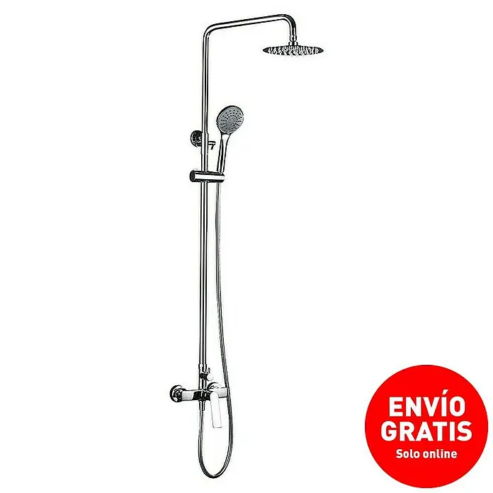 Imex Luxor Sistema de ducha - Con grifo monomando, Cromo - Imagen de un panel de ducha cromado con rociadores superiores y de mano, moderno y elegante. Ideal para cualquier diseño de baño.