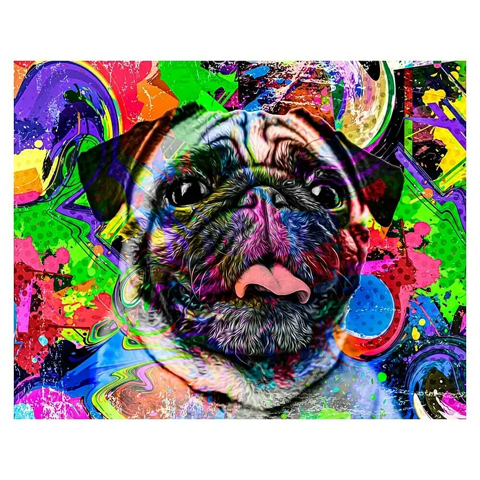 Cuadro alto brillo Perro - Perro, An x Al: 50 x 40 cm, 1 pzs. - Vibrante pintura pop art de un pug con la lengua fuera, con colores llamativos y patrones dinámicos, ideal para los amantes de los animales modernos.