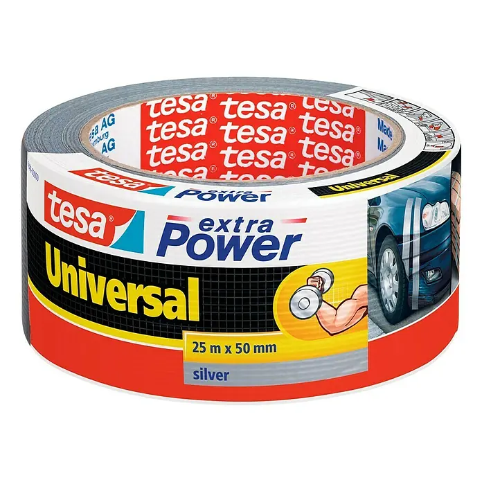 Tesa Extra Power Folienband Universal - Silber, 25 m x 50 mm - Abbildung einer Rolle Tesa Extra Power Universal Klebeband, 25m x 50mm, in Silber, für universelle Anwendungen im Haushalt und Handwerk.