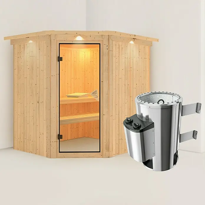 Karibu Elementsauna Lilja - Mit 3,6 kW Ofen mit integrierter Steuerung, Mit Dachkranz und Beleuchtung, L x B x H: 210 x 184 x 192 cm - Abbildung einer Sauna mit Holzverkleidung und einem Saunaofen aus Edelstahl.