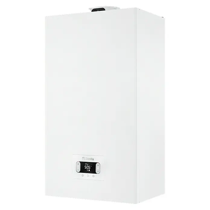 Beretta Caldera Ciao X30 con instalación incluida - 30 kW, 8 l, Display multifunción - Imagen de una caldera Beretta blanca con panel de control digital, que representa la tecnología moderna de calefacción.