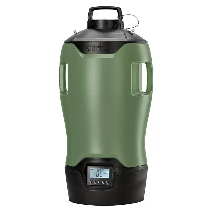 Stocker Geyser Stechmückenschutz Nebulisator - 25 l, Ohne Akku - Olivgrüner und schwarzer automatischer landwirtschaftlicher Spender mit Digitalanzeige.