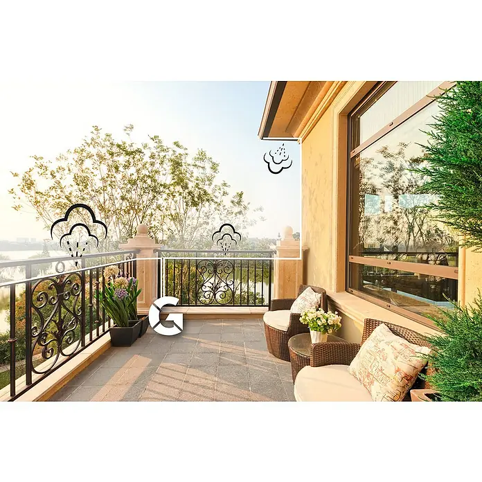 Stocker Geyser Zubehör-Set Balkon-Kit - Passend für: Stocker Geyser-Vernebler - Eine Terrasse mit Outdoor-Möbeln, Pflanzen und Blick ins Grüne. Das Balkongeländer bietet Sicherheit und Stil.