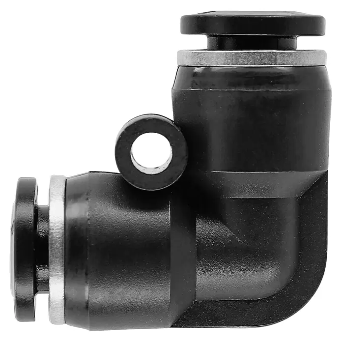 Stocker Geyser L-Stück - 5 Stk., Passend für: Stocker Geyser Nebulisator Systeme - Schwarzer L-förmiger Pneumatik-Schnellverschluss mit silbernen Akzenten.