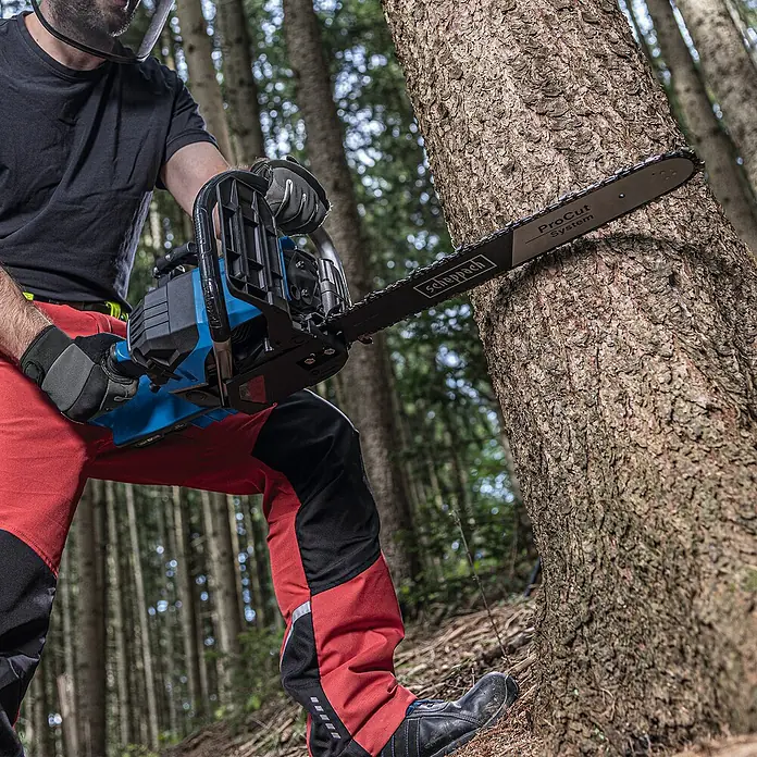 Scheppach IXES 20V Benzin-Kettensäge PCS56E - Schwertlänge: 51 cm - Der Mann sägt einen Baum mit einer Scheppach-Kettensäge. Sie verfügt über ein ProCut-System und ein blaues Design für effizientes Arbeiten.