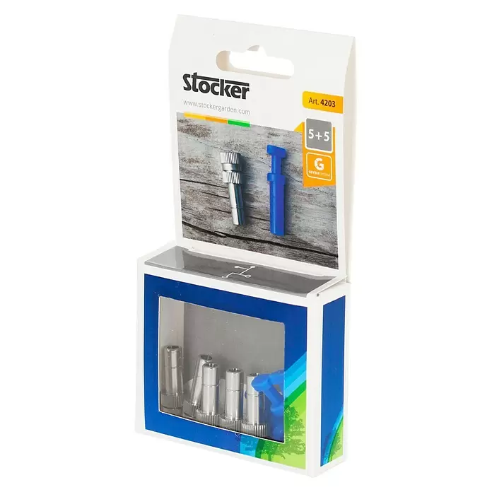Stocker Geyser Düsen-Set - Passend für: Stocker Geyser Nebulisator - Stocker Packung mit 5 silbernen Metall-Bewässerungsdüsen und 5 blauen Kunststoff-Reinigungsstiften.