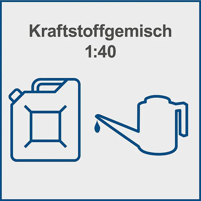 Scheppach IXES 20V Benzin-Kettensäge PCS56E - Schwertlänge: 51 cm - Abbildung eines Kanisters und einer Ölkanne, die das Kraftstoffgemisch 1:40 darstellt.