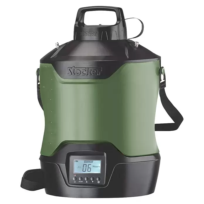 Stocker Geyser Stechmückenschutz Nebulisator - 12 l, 1 Akku - Grüner und schwarzer tragbarer Sprüher/Spender mit digitaler Zeitanzeige und Schultergurt, Marke Stocker.