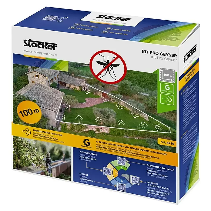 Stocker Geyser Zubehör-Set Kit Pro - Passend für: Stocker Geyser-Vernebler - Blau-weiße Box für ein Garten-Mücken-Nebelsystem, zeigt Garten mit 100m Abdeckung und Mückenstopp-Symbol.