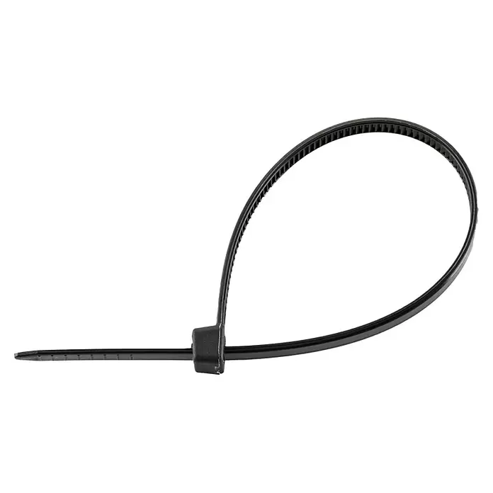 Stocker Geyser Kabelbinder Nebulisator - Schwarz, 10 Stk. - Schwarzer Kabelbinder aus Kunststoff, zu einer lockeren Schleife geformt, mit sichtbarem Verschlusskopf und spitzem Ende.
