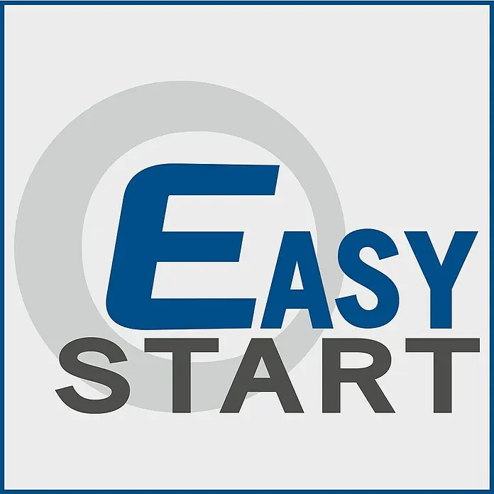 Scheppach IXES 20V Benzin-Kettensäge PCS56E - Schwertlänge: 51 cm - Logo "Easy Start" mit blauem "Easy" und grauem "Start", umrahmt von einem grauen Kreis auf blauem Hintergrund.