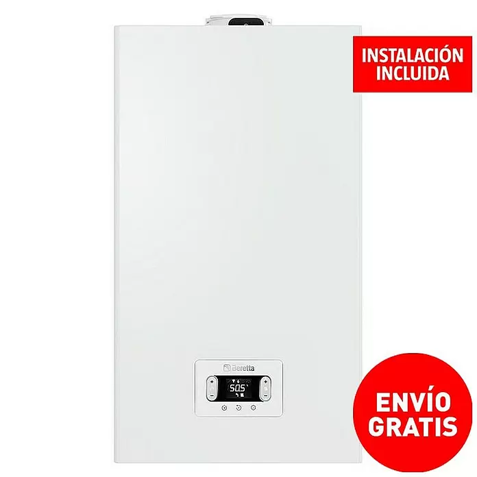 Beretta Caldera Ciao X30 con instalación incluida - 30 kW, 8 l, Display multifunción - Caldera rectangular blanca con pantalla digital '50.5' y logo Beretta.