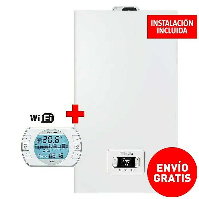Beretta Caldera Ciao X30 con instalación incluida - 30 kW, 8 l, Display multifunción - Imagen de una caldera Beretta con termostato digital y función WiFi, incluyendo instalación y envío gratis.