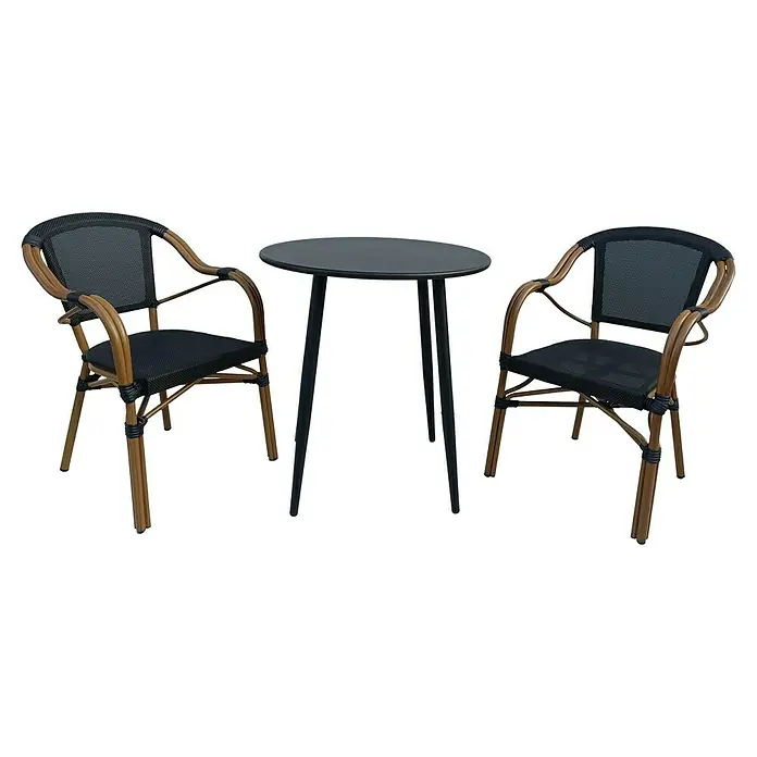Set de muebles de jardín Lunday + Sibuco - Ø x Al: 70 x 75 cm, 3 pzs., Acero, Negro - Dos sillas de mimbre con malla negra y una mesa redonda negra están alineadas, ideales para un balcón pequeño.