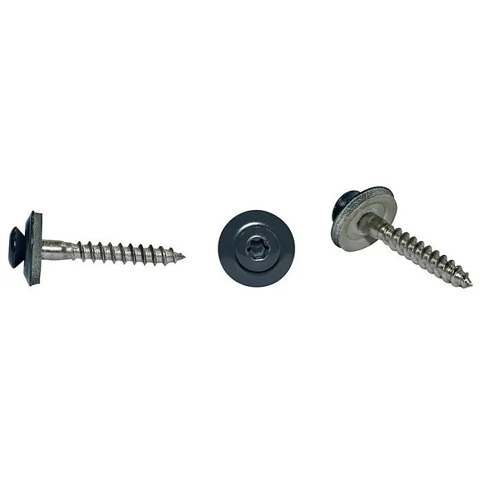 Sarei Spenglerschraube - 35 x 4,5 mm, Edelstahl, 25 Stk., Anthrazit - Das Bild zeigt drei Dachschrauben mit Torx-Antrieb und Dichtscheibe, die für sichere und wetterfeste Befestigungen auf Dächern sorgen.