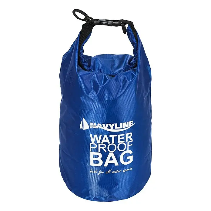 Navyline Drybag - 5 l, Blau - Blaue wasserdichte Tasche mit dem Aufdruck „NAVYLINE WATER PROOF BAG best for all water sports“.