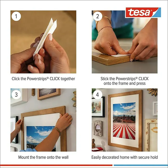 Tesa Selbstklebestrip POWERSTRIPS CLICK 16X2 L - 16 Stk., B x L: 20 x 85 mm - Anleitung zur Verwendung von Tesa Powerstrips CLICK: Zuerst zusammenklicken, aufkleben, Rahmen montieren und sicheren Halt für Zuhause genießen.