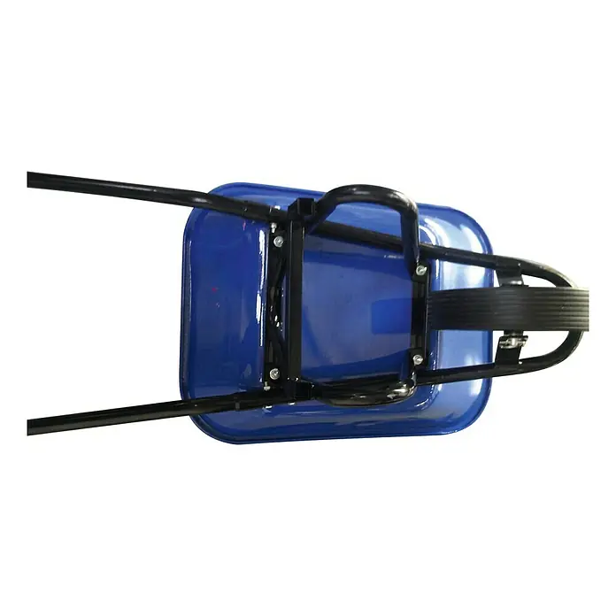 Bauschubkarre - Fassungsvermögen: 85 l, Traglast: 180 kg, Stahl, Blau - Nahaufnahme einer blauen Schubkarre mit schwarzem Rahmen und Griffen, die die robuste Bauweise und das Design hervorhebt.