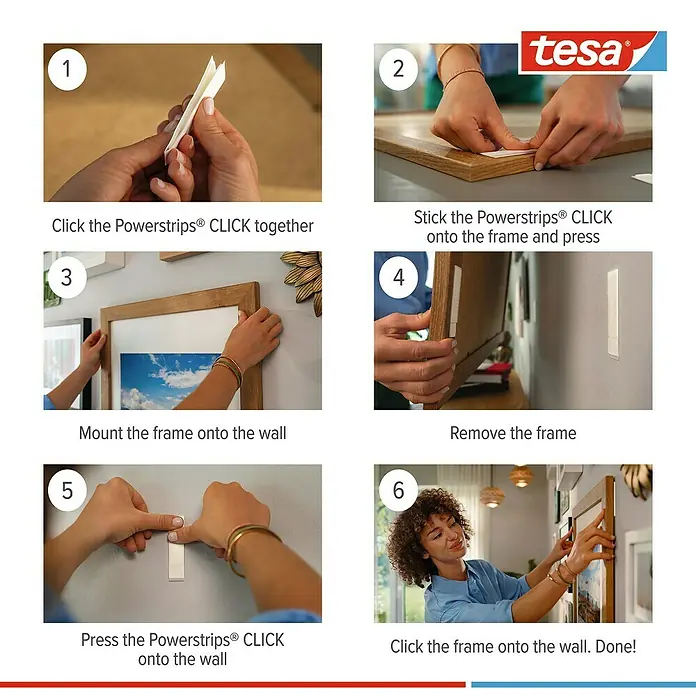 Tesa Selbstklebestrip POWERSTRIPS CLICK 16X2 L - 16 Stk., B x L: 20 x 85 mm - Anleitung zum Anbringen von Tesa Powerstrips® CLICK zur einfachen und sicheren Befestigung von Bilderrahmen an der Wand.