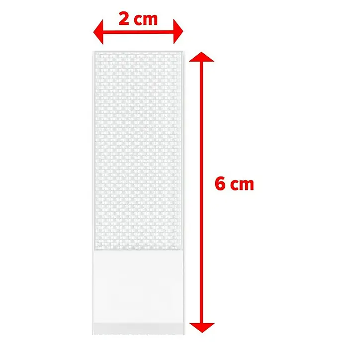 Tesa Selbstklebestrip POWERSTRIPS CLICK 4X2 S - 4 Stk., B x L: 20 x 60 mm - Abbildung eines 2 cm breiten und 6 cm langen, rechteckigen, weißen Klettstreifens mit gewebter Oberfläche und glatter Basis.