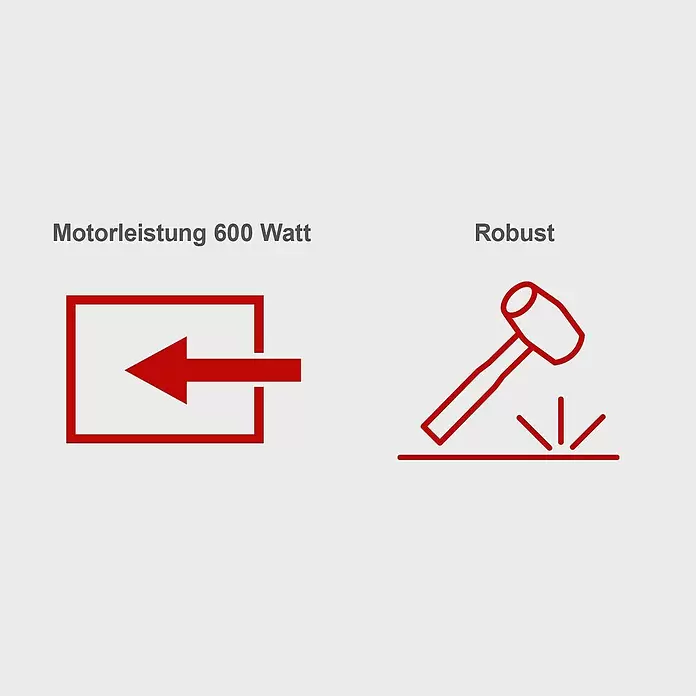 Scheppach Gartenpumpe GP600S - 600 W, Max. Fördermenge: 3.000 l/h - Symbole für 600 Watt Motorleistung (Pfeil in Kasten) und Robustheit (Hammer mit Funken).