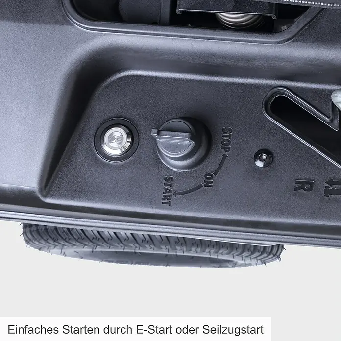 Scheppach IXES 20V Benzin-Aufsitzmäher MR230-61 - 224 cm³, Schnittbreite: 61 cm, Max. Flächenempfehlung: 2.600 m² - Nahaufnahme des E-Starters eines Stromgenerators mit Beschriftungen für Start, Stopp und Betriebszustand.