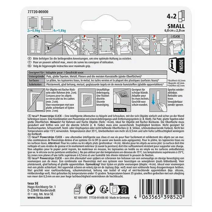 Tesa Selbstklebestrip POWERSTRIPS CLICK 4X2 S - 4 Stk., B x L: 20 x 60 mm - tesa Powerstrips CLICK Small 4x2: Intelligente Lösung zum einfachen Anbringen von Objekten ohne Nägel/Schrauben, wiederablösbar.