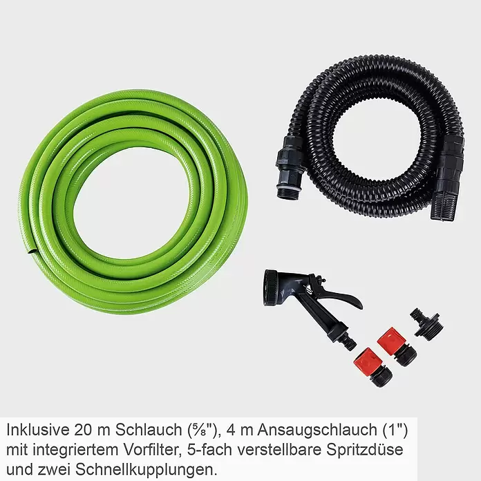 Scheppach Gartenpumpe GP600S - 600 W, Max. Fördermenge: 3.000 l/h - Grüner Gartenschlauch, schwarzer Ansaugschlauch mit Filter, schwarze Spritzdüse und rote/schwarze Schnellkupplungen.