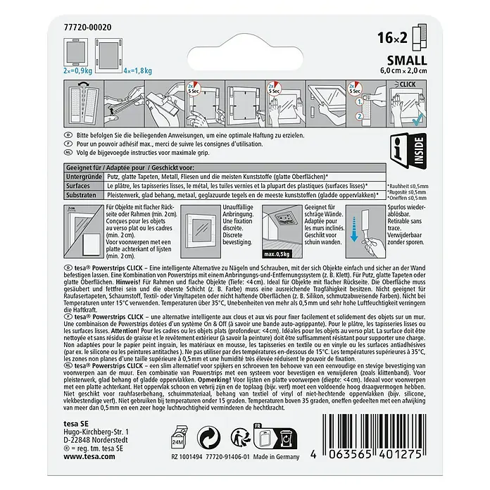 Tesa Selbstklebestrip POWERSTRIPS CLICK 16X2 S - 16 Stk., B x L: 20 x 60 mm - Tesa Powerstrips CLICK: Kleine, doppelseitige Klebestreifen zum Aufhängen von Gegenständen bis 0,5 kg an glatten Oberflächen.