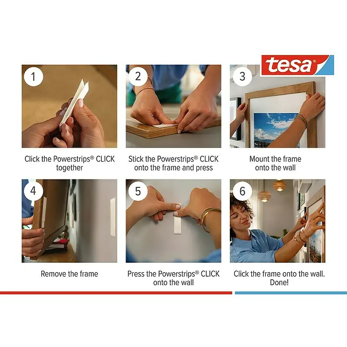 Tesa Selbstklebestrip CLICK COMBO 6X2 M & 8X2 L - 14 Stk., B x L: 20 x 85 mm - Anleitung zur Verwendung von Tesa Powerstrips® CLICK: Zusammenklicken, aufkleben, montieren, entfernen, andrücken und fertig!