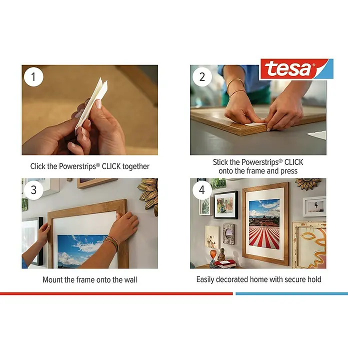 Tesa Selbstklebestrip CLICK COMBO 6X2 M & 8X2 L - 14 Stk., B x L: 20 x 85 mm - Bildmontageanleitung für Tesa Powerstrips: Einfach Bilderrahmen aufhängen, ohne Nägel oder Bohren.