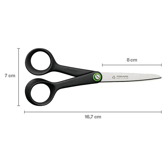 Fiskars Tijera universal multiusos Functional Form ReNew - Largo: 16,7 cm, Longitud de corte: 8 cm, Acero inoxidable - Primer plano de unas tijeras Fiskars con indicaciones de tamaño, mostrando una longitud total de 16,7 cm y una longitud de hoja de 8 cm.
