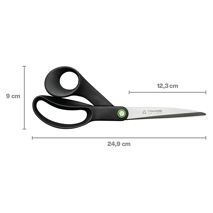 Fiskars Tijera universal multiusos Functional Form ReNew - Largo: 24,9 cm, Longitud de corte: 12,3 cm, Acero inoxidable - Imagen de unas tijeras Fiskars con detalles de tamaño. Ideal para cortar diversos materiales, robusta y duradera.