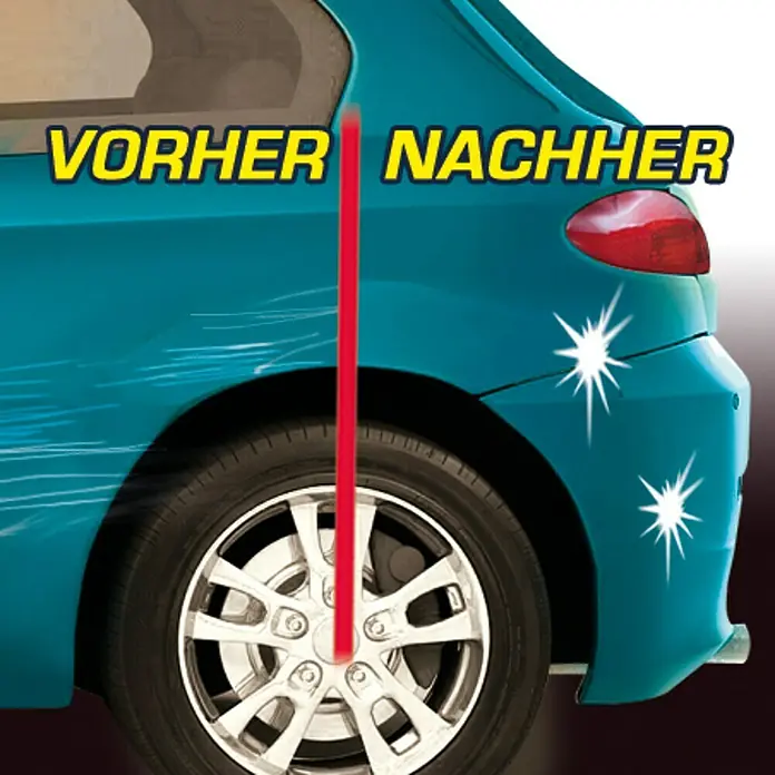 Reparador de arañazos Paint Regen - 100 ml, Apto para: Superficies barnizadas - Comparación de antes y después de un coche azul que muestra arañazos en el lado izquierdo que han sido eliminados en el lado derecho.
