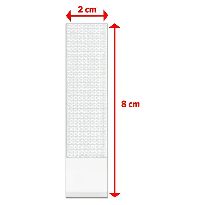 Tesa Selbstklebestrip POWERSTRIPS CLICK 16X2 M - 16 Stk., B x L: 20 x 80 mm - Das Bild zeigt einen 8 cm langen und 2 cm breiten weißen Klebestreifen, der für verschiedene Anwendungen geeignet ist.