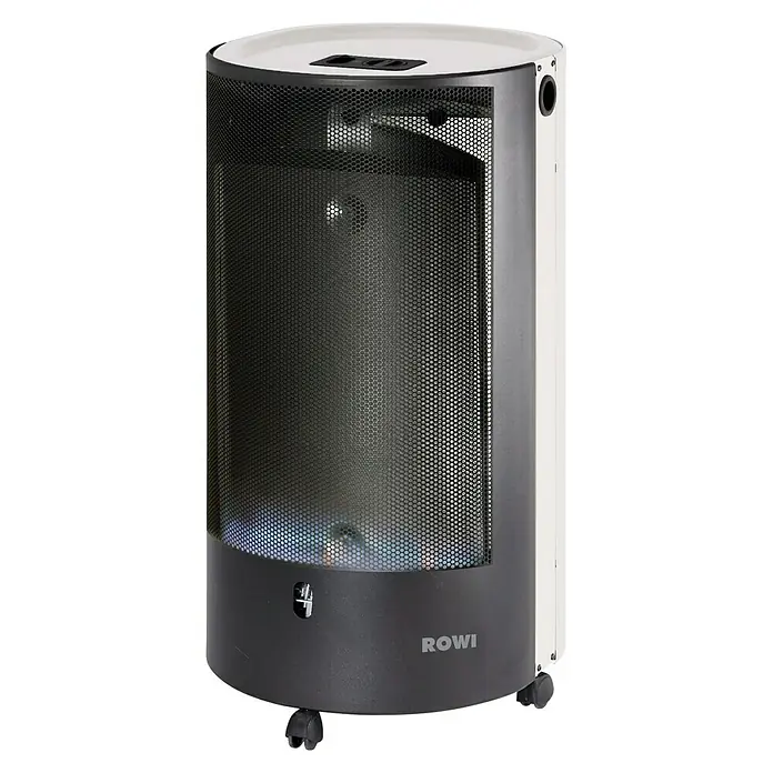 Gasheizer Blue Flame Premium+ - 4,2 kW, Mit Thermostat, Weiß - Das Bild zeigt einen ROWI Gasheizer mit Rollen, der eine effiziente und mobile Wärmequelle darstellt. Der Heizer hat ein schützendes Gitter.