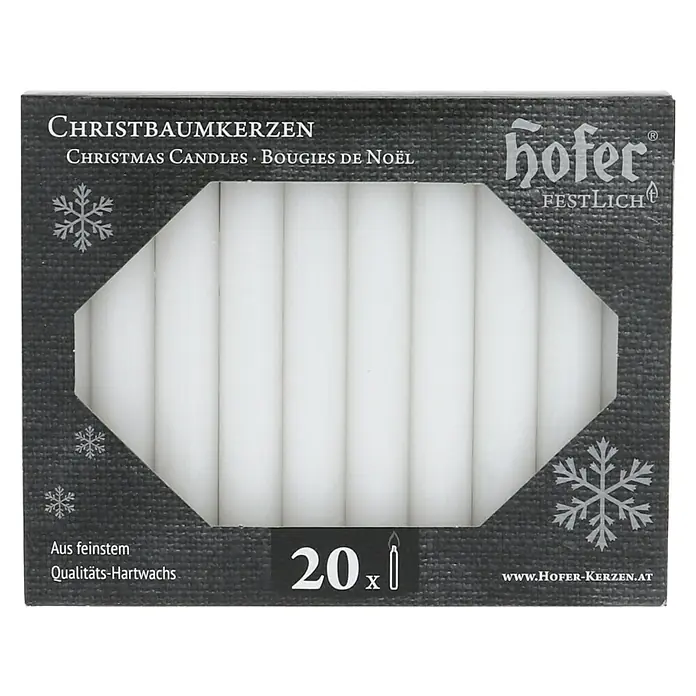 Hofer Christbaumkerze - 1,4 x 9,5 cm, Weiß, 20 Stk. - Packung mit 20 weißen Christbaumkerzen der Marke Hofer Festlich aus feinstem Qualitäts-Hartwachs für eine stimmungsvolle Weihnachtszeit.